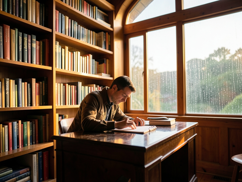 sunlit wooden study with floor to ceiling bookshelves rain streaking