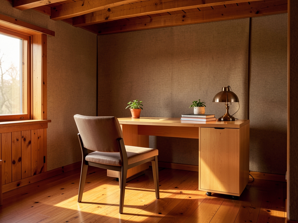 Cozy wooden home studio interior with warm morning