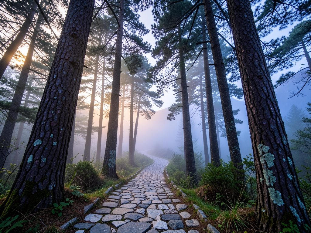 Misty quiet mountain trail dawn with soft diffused