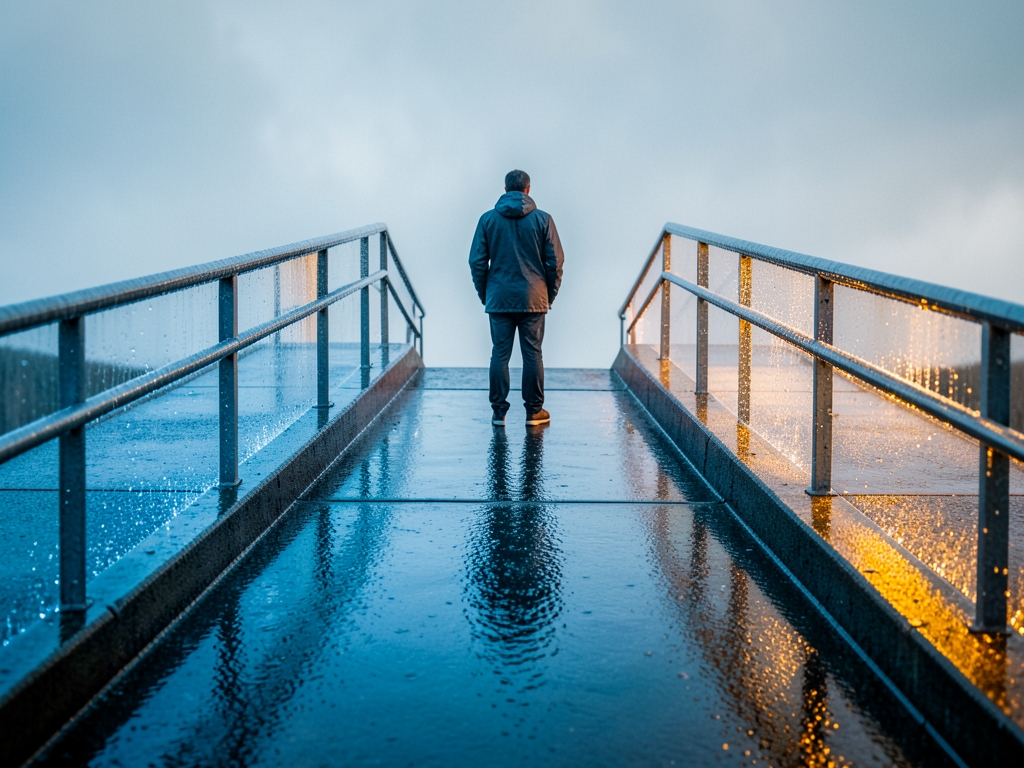 diverging concrete paths rain soaked platform under overcast skies