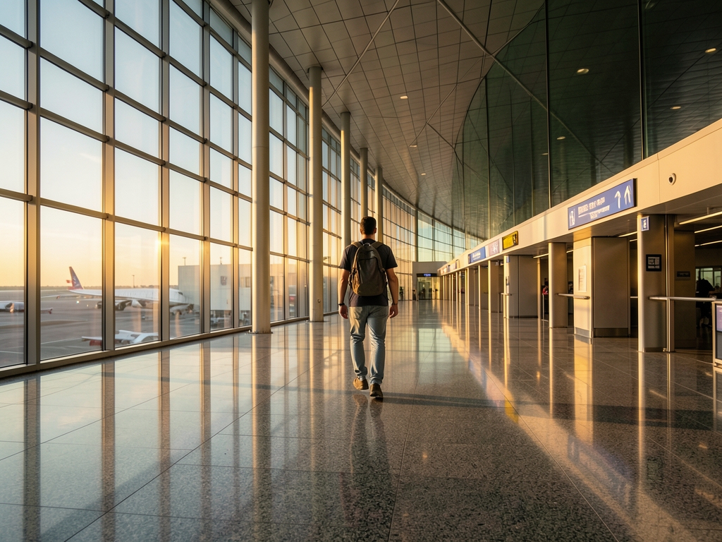 vast airport terminal golden hour tall glass walls
