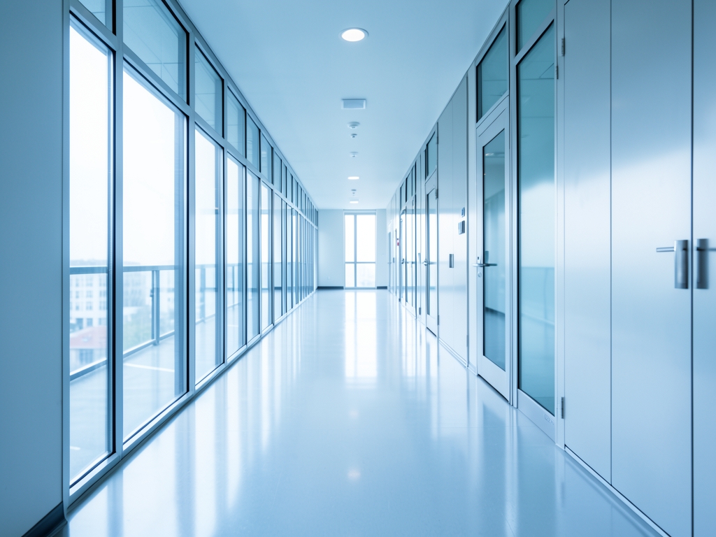 Wide shot pristine clinical testing facility corridor bathed