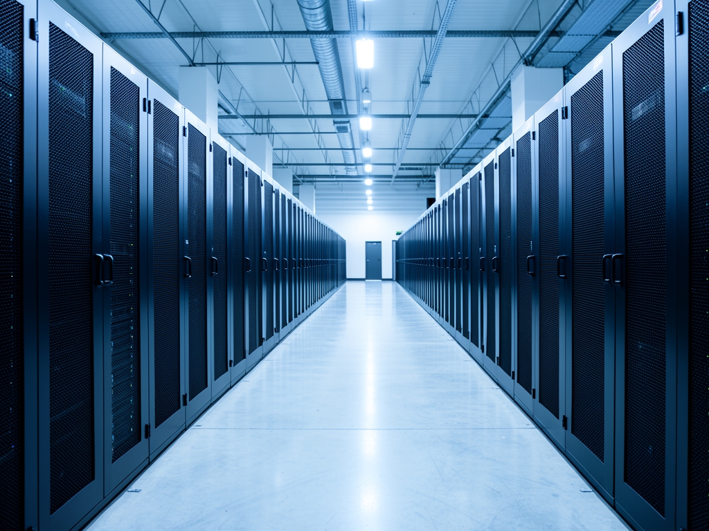 Expansive data center hall with endless rows dark