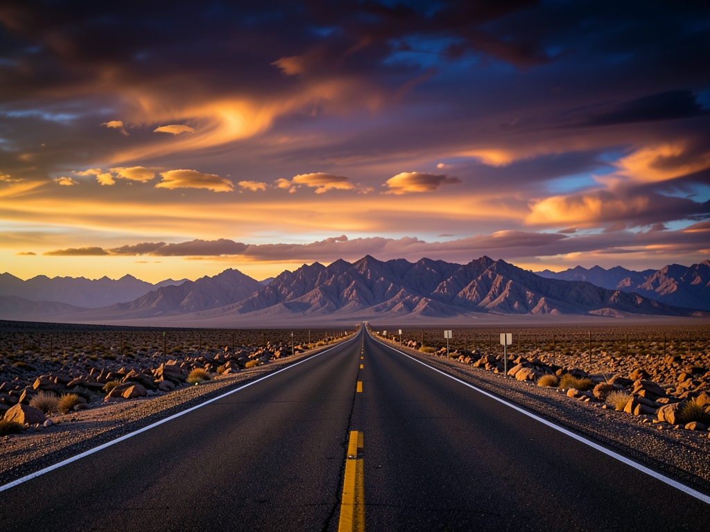 Wide desert highway stretching toward distant mountains beneath
