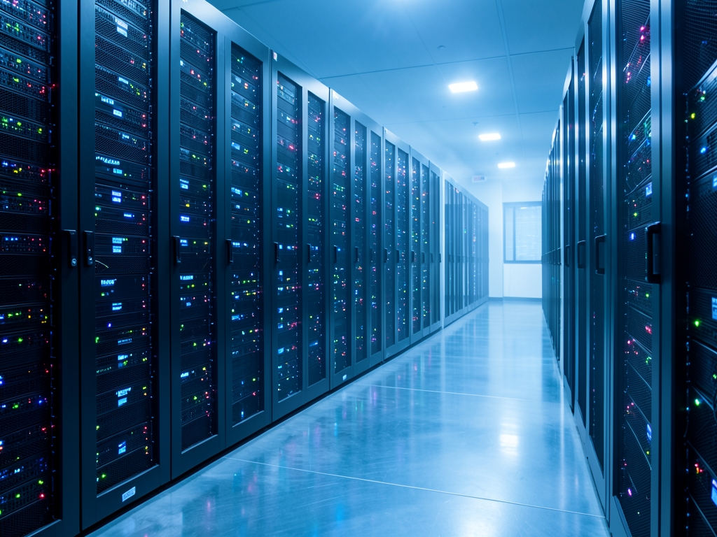 Modern data center hallway with rows illuminated server