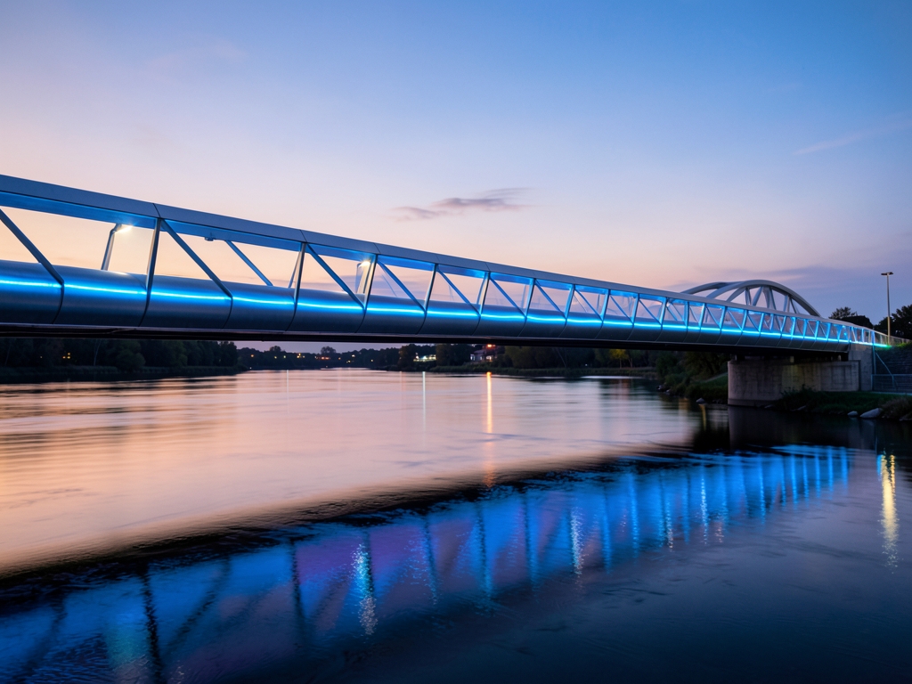 Twilight landscape featuring sleek metallic bridge spanning calm