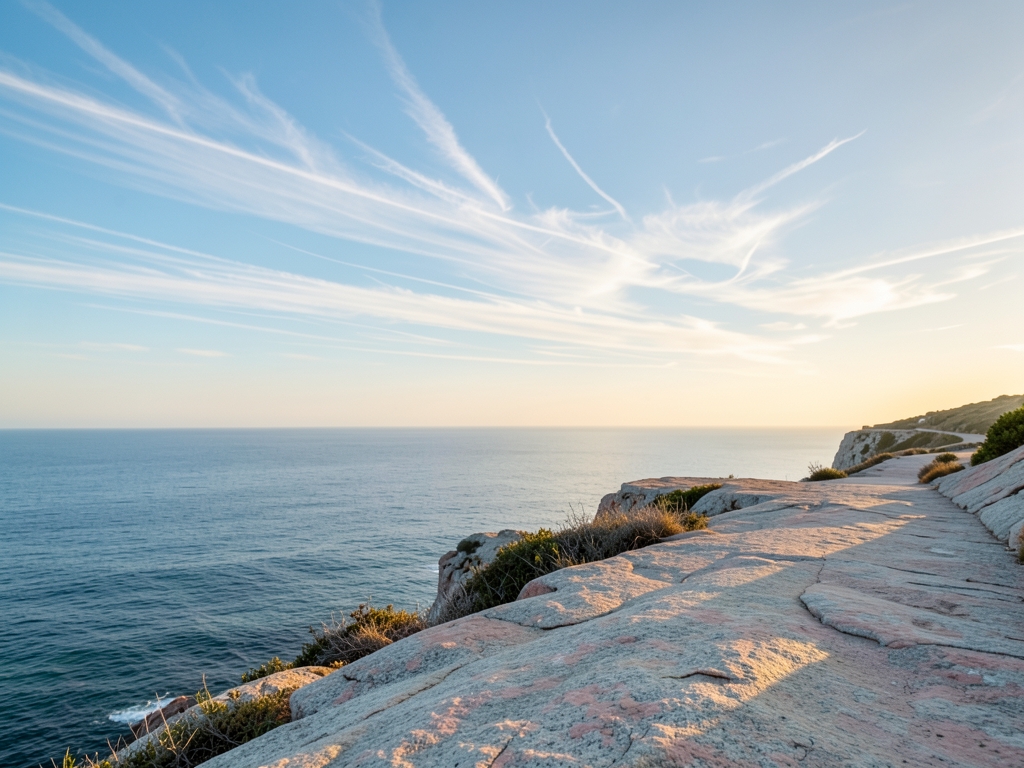 sunlit coastal cliff path golden hour pale blue