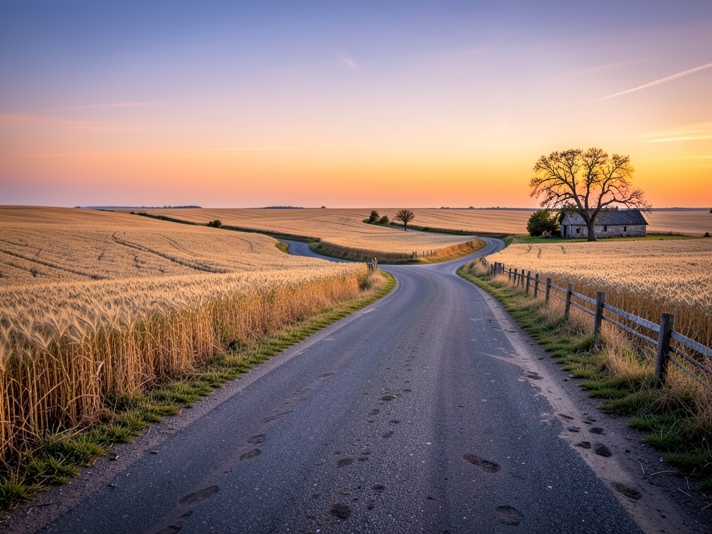Wide country road dividing into several narrow paths