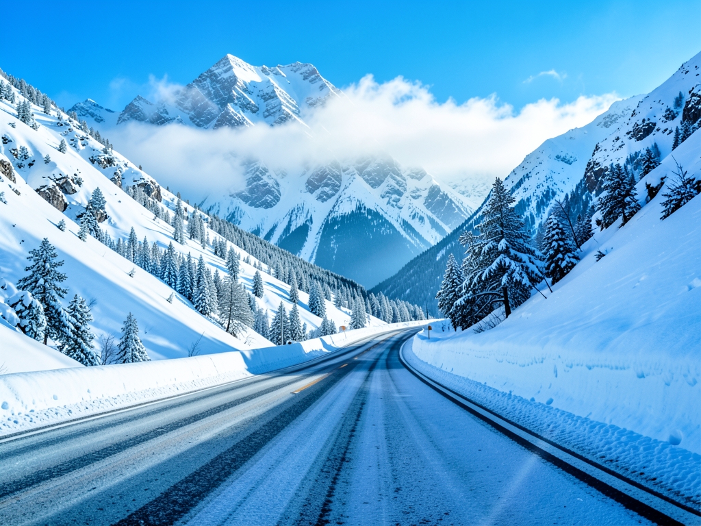 Line winding Colorado mountain road blanketed heavy snow