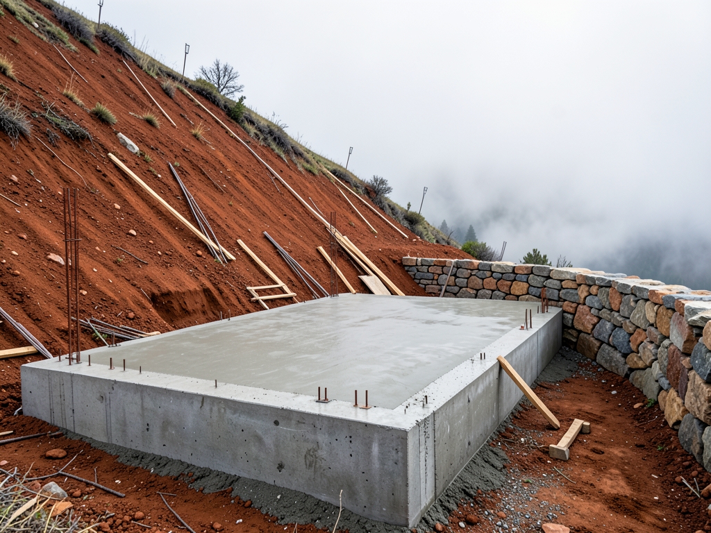 concrete foundation slab beside freshly graded Colorado hillside
