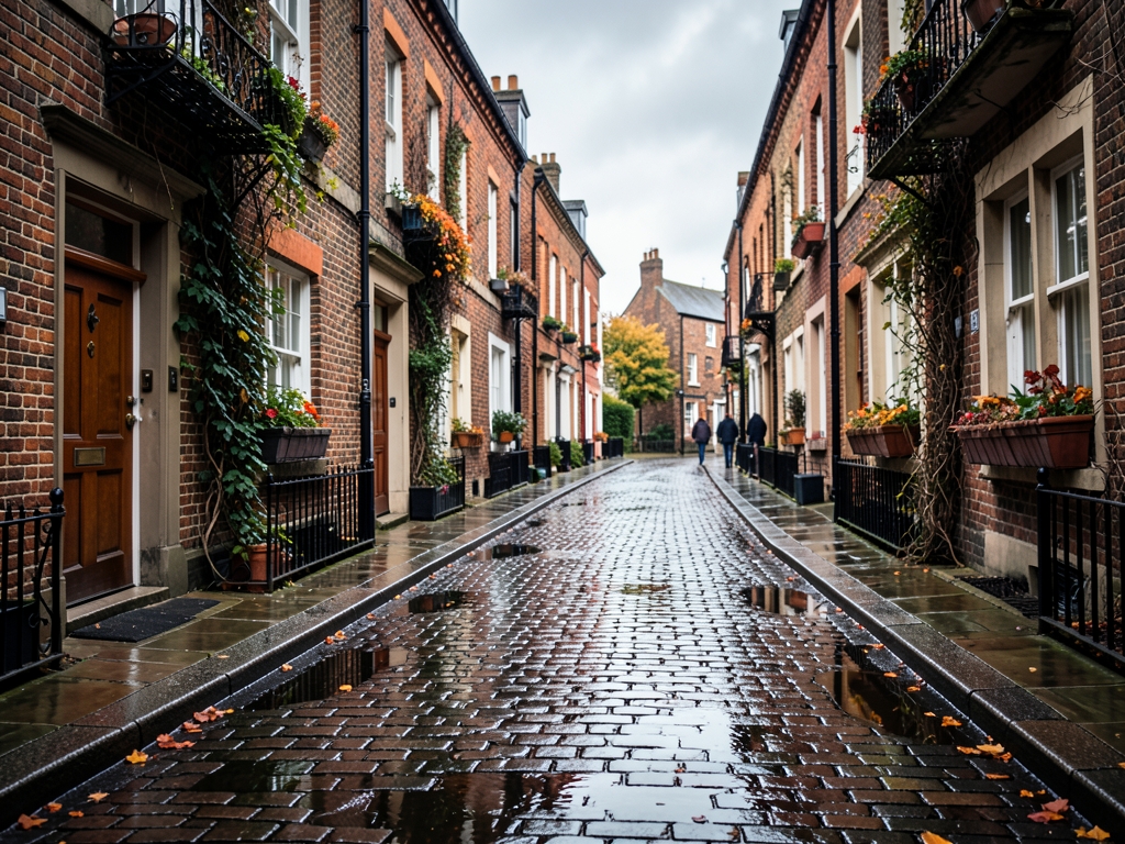Cobblestone street lined with brick townhouses under cloudy