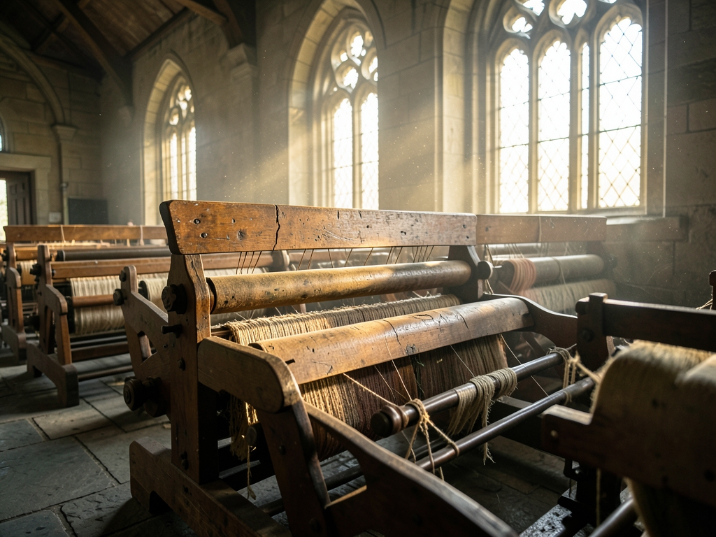 Sunlight filters through high arched windows historic cotton