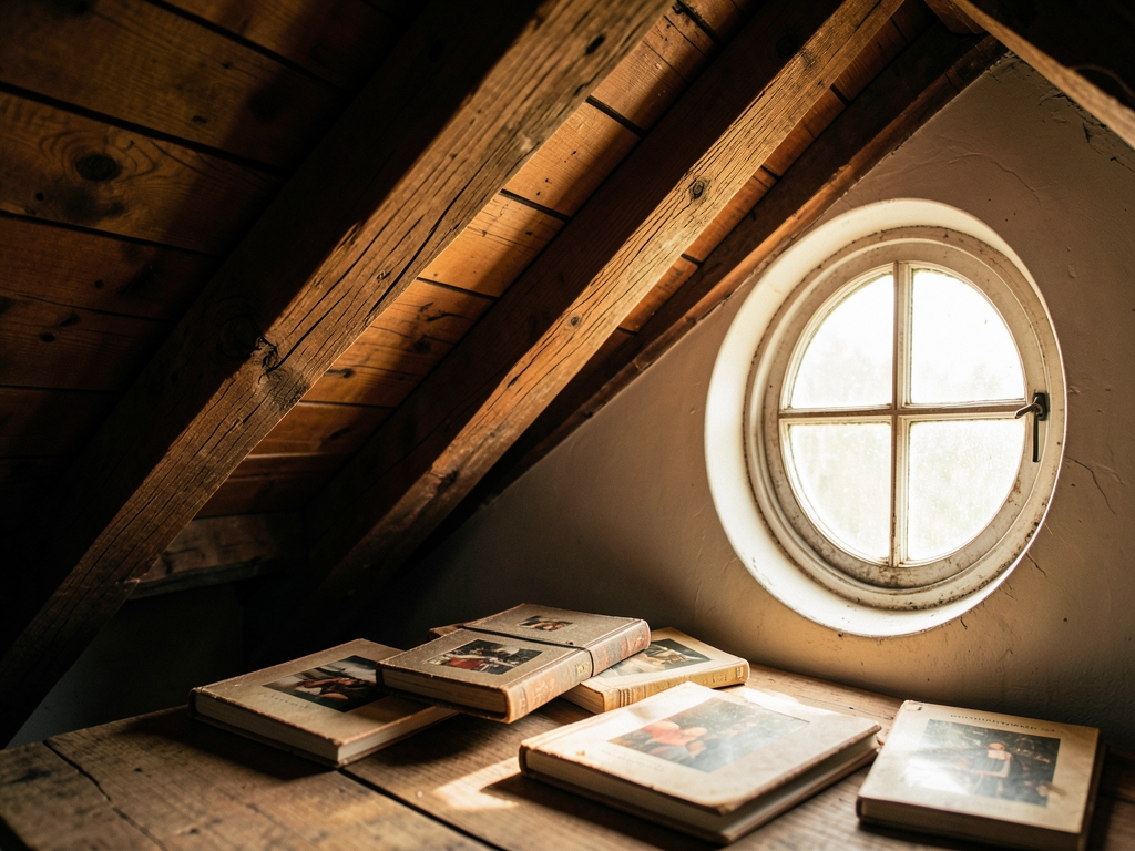 Sunlit attic with wooden beams dusty albums beside