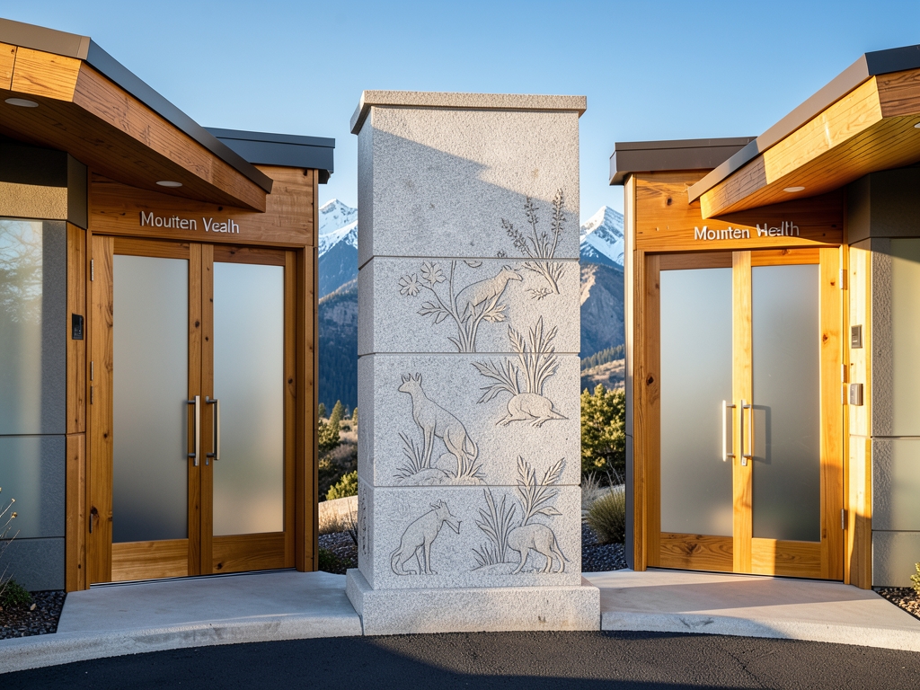 modern Colorado clinic entrances joined single stone gateway
