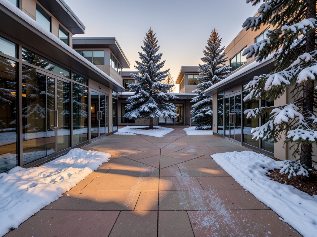 shared courtyard between Colorado medical buildings converging sandstone