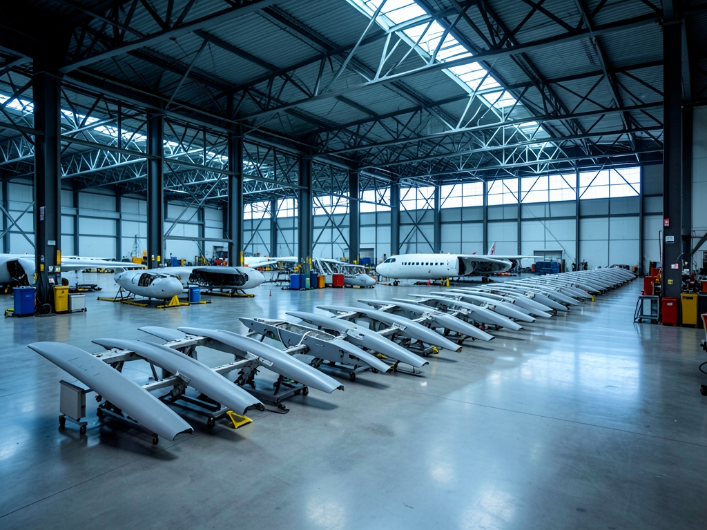 Spacious aircraft assembly hall with long orderly queue