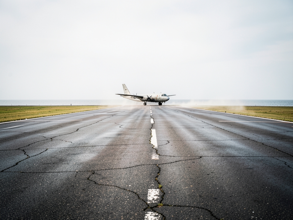 Empty coastal test runway beneath pale overcast sky