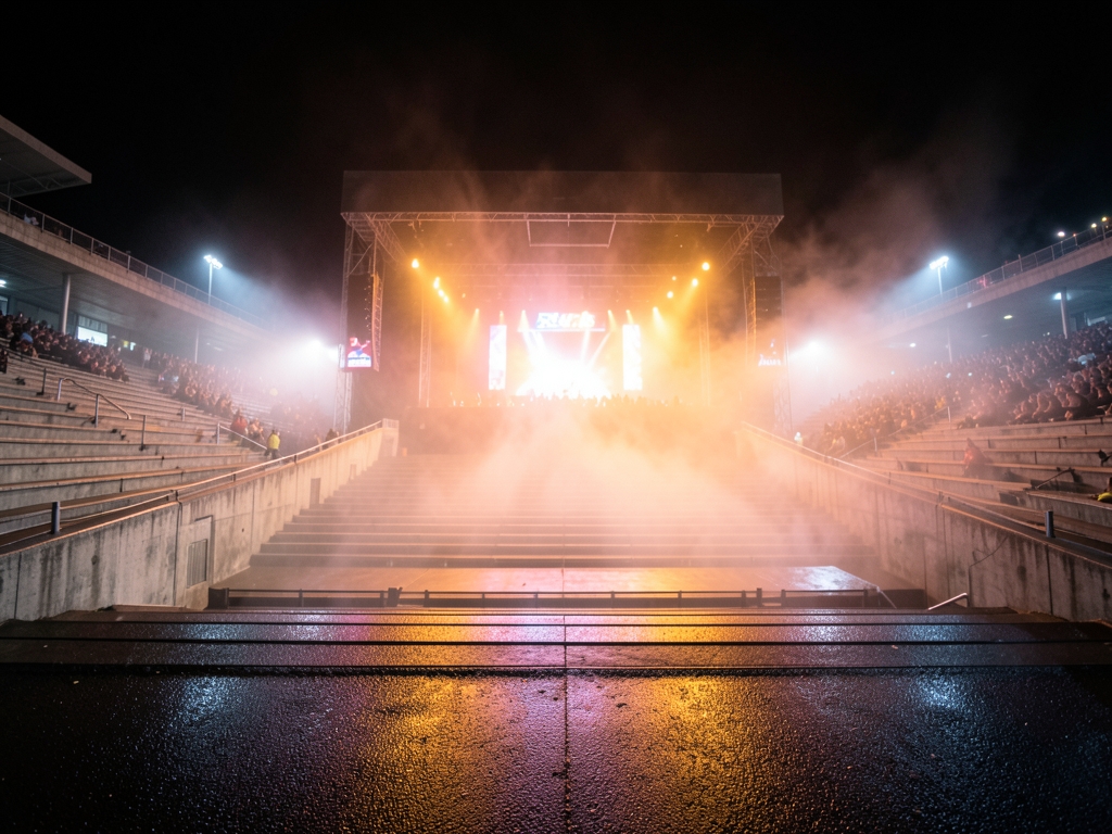 wide angle view massive outdoor concert amphitheater night rolling