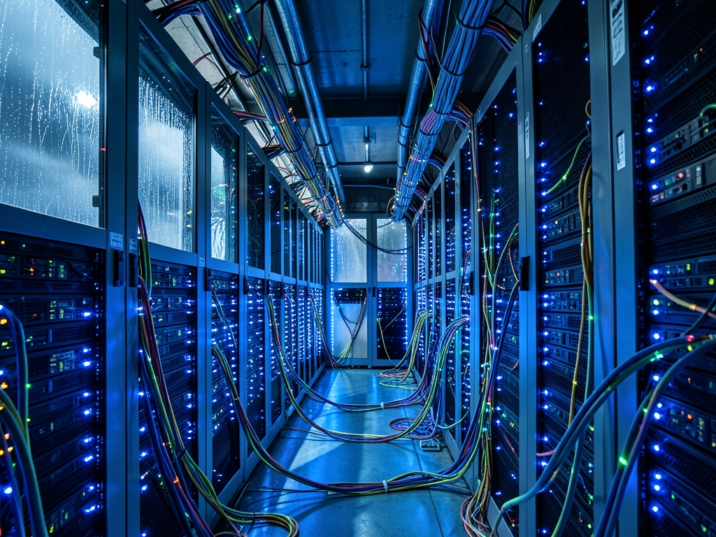 vast underground server room with rows blinking fiber optic