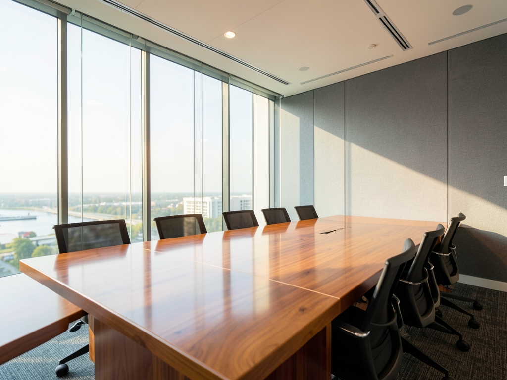Modern glass walled conference room with warm wood tables