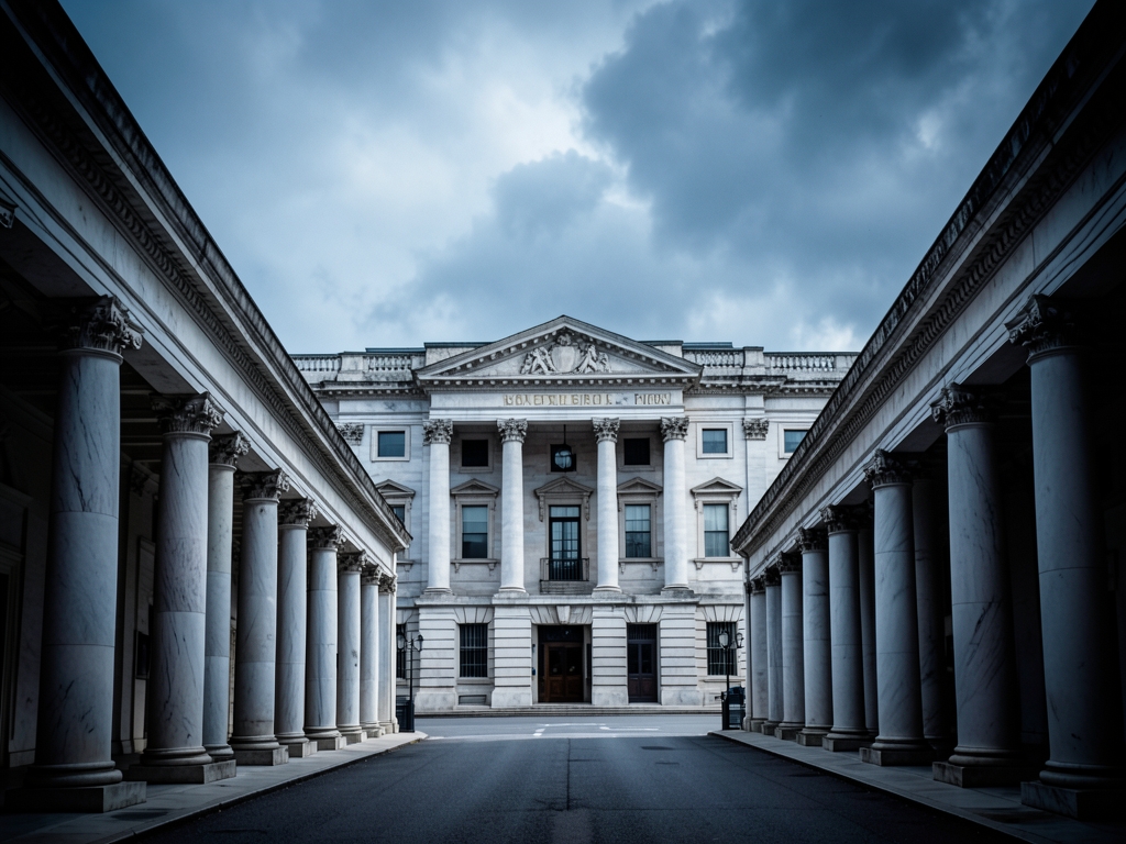 Line vast marble courthouse splitting into divergent corridors