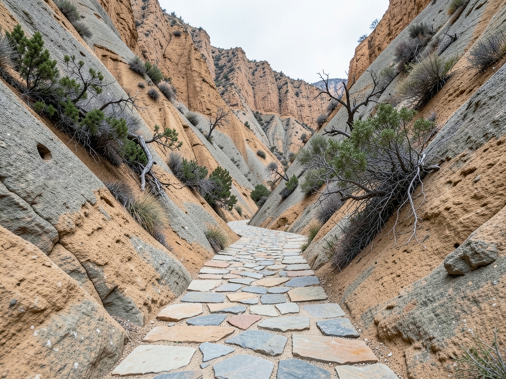 minimalist stone pathway winds through desolate wind carved canyon