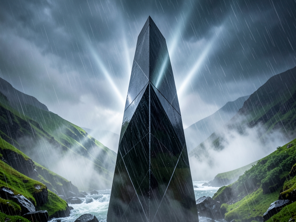 sleek obsidian monolith rises from turbulent rain swept valley