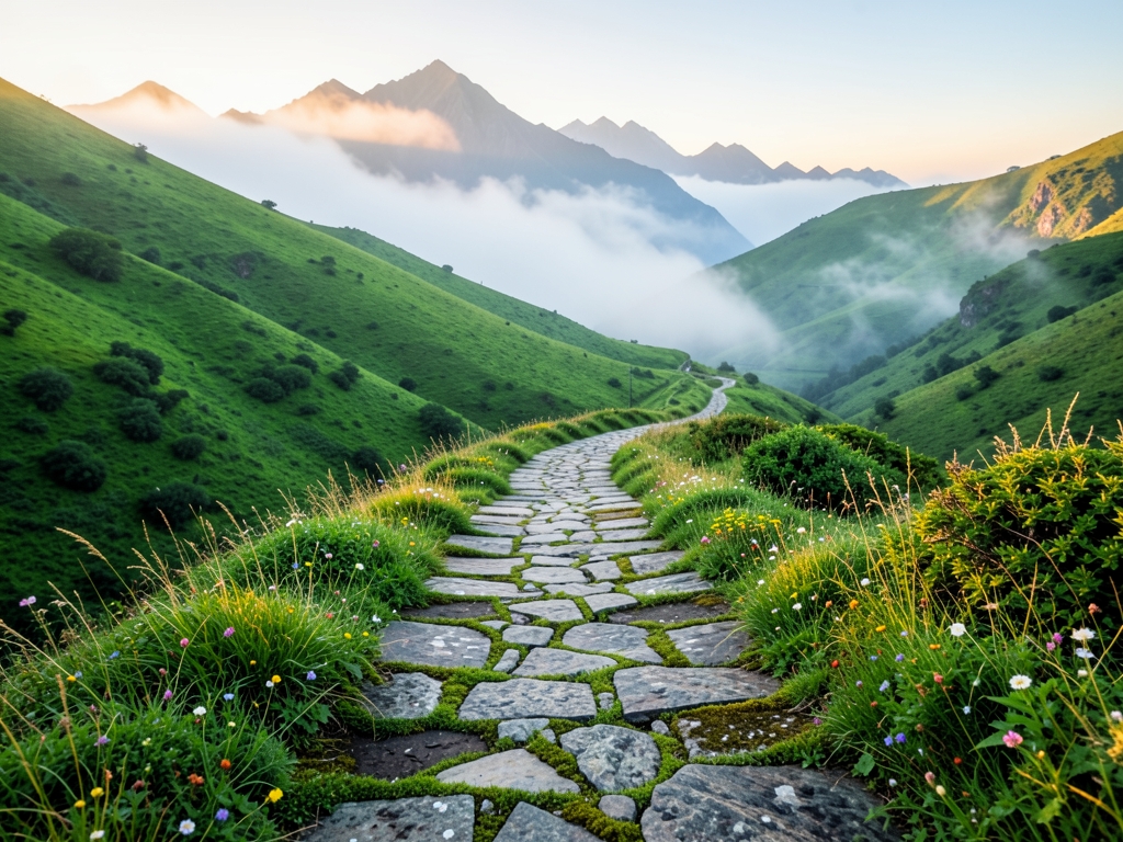 Winding stone pathway through misty green hills toward