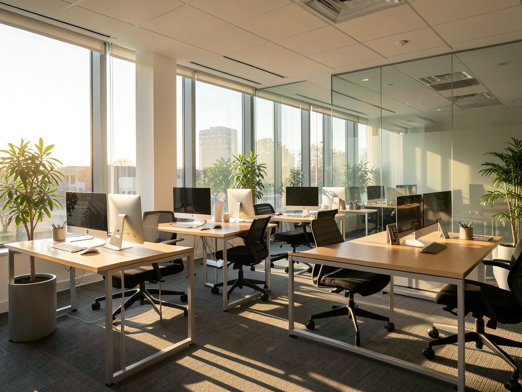 Tidy modern office interior with neat wooden desks