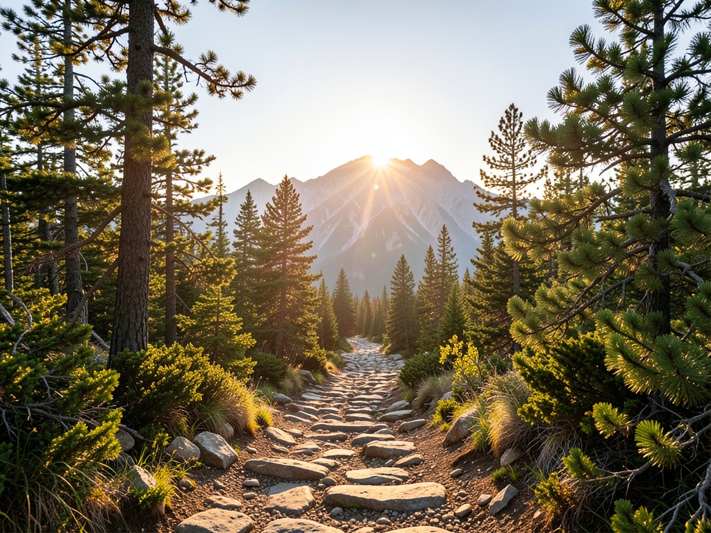 Mountain trail forking toward sunlit summit crisp clear