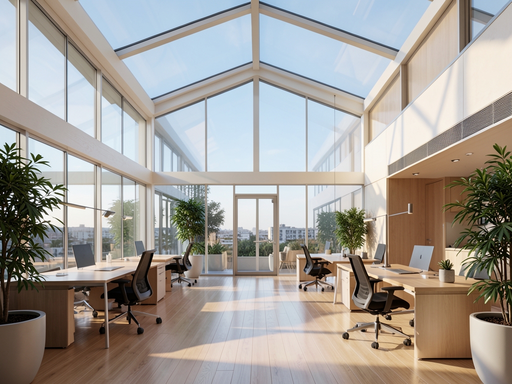 Tidy modern office atrium with glass light wood