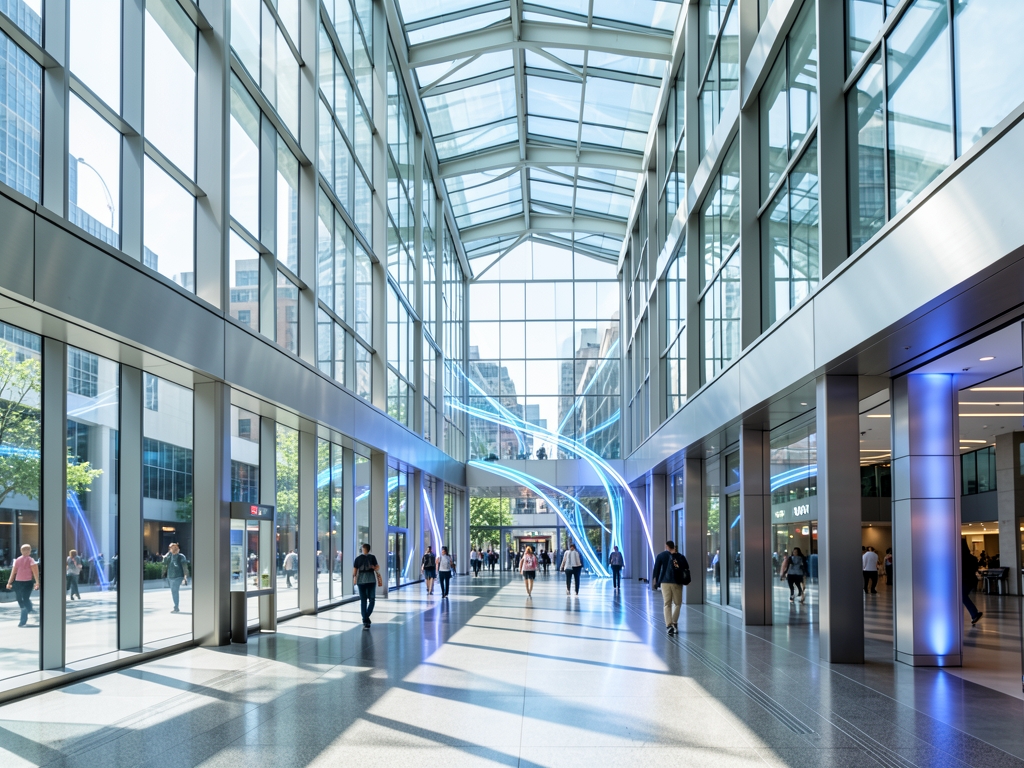 vast sunlit atrium glass brushed steel where streams
