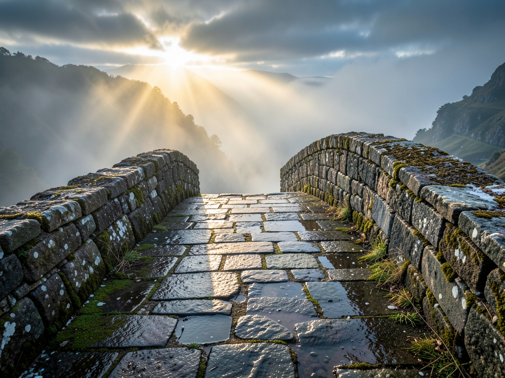 narrow stone bridge over misty ravine dawn thin