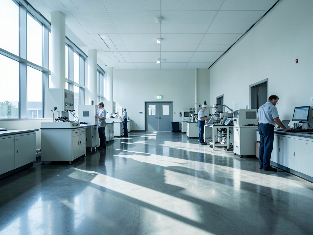 vast sterile government research hall with polished concrete