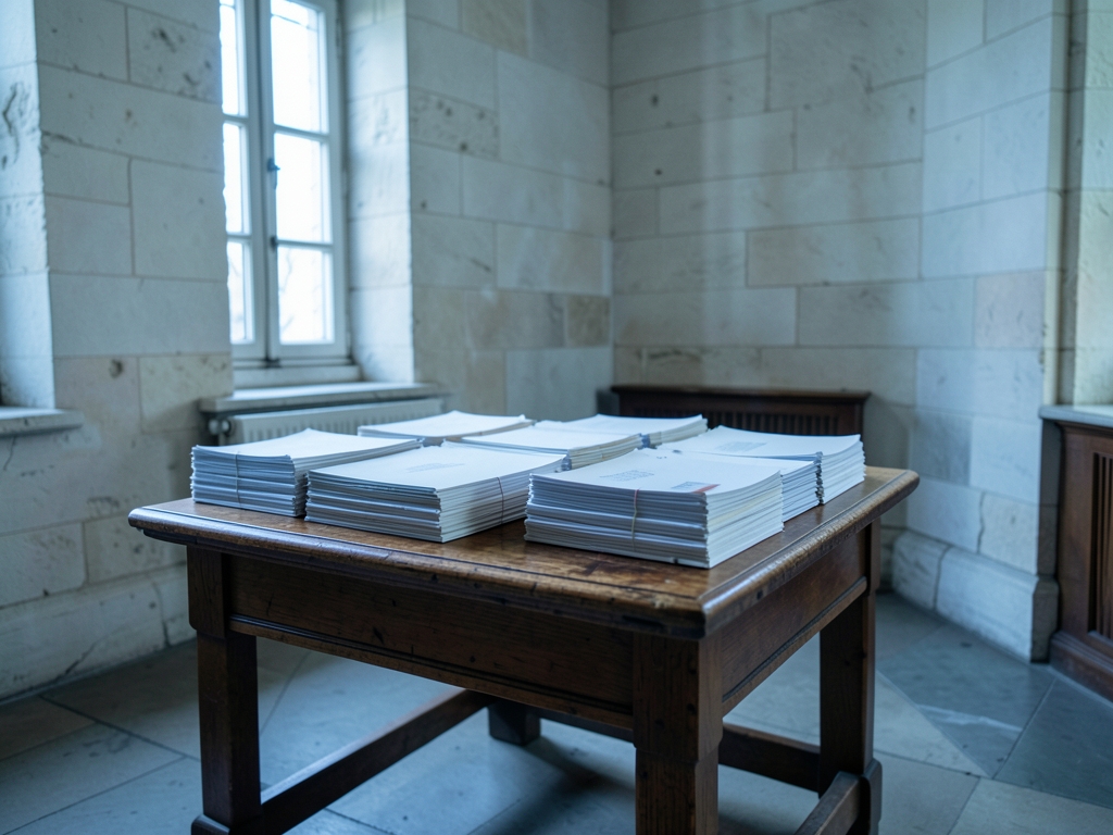Quiet courthouse archive with pale stone walls table