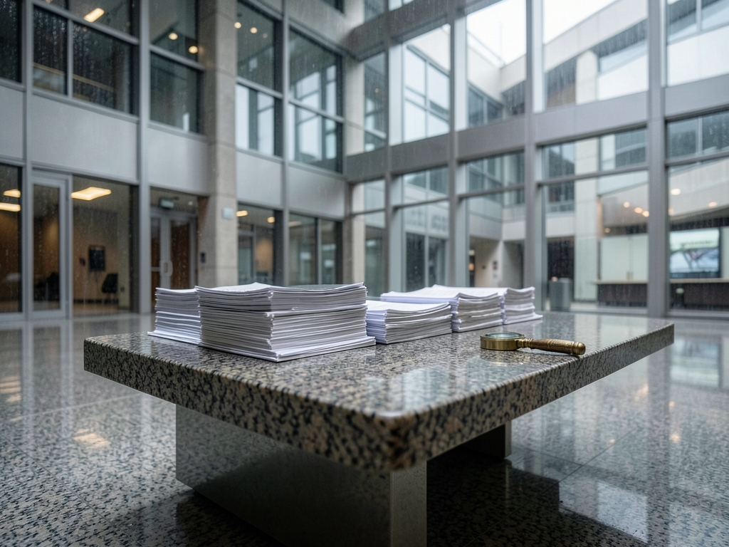 Rain washed corporate atrium with polished granite table aligned