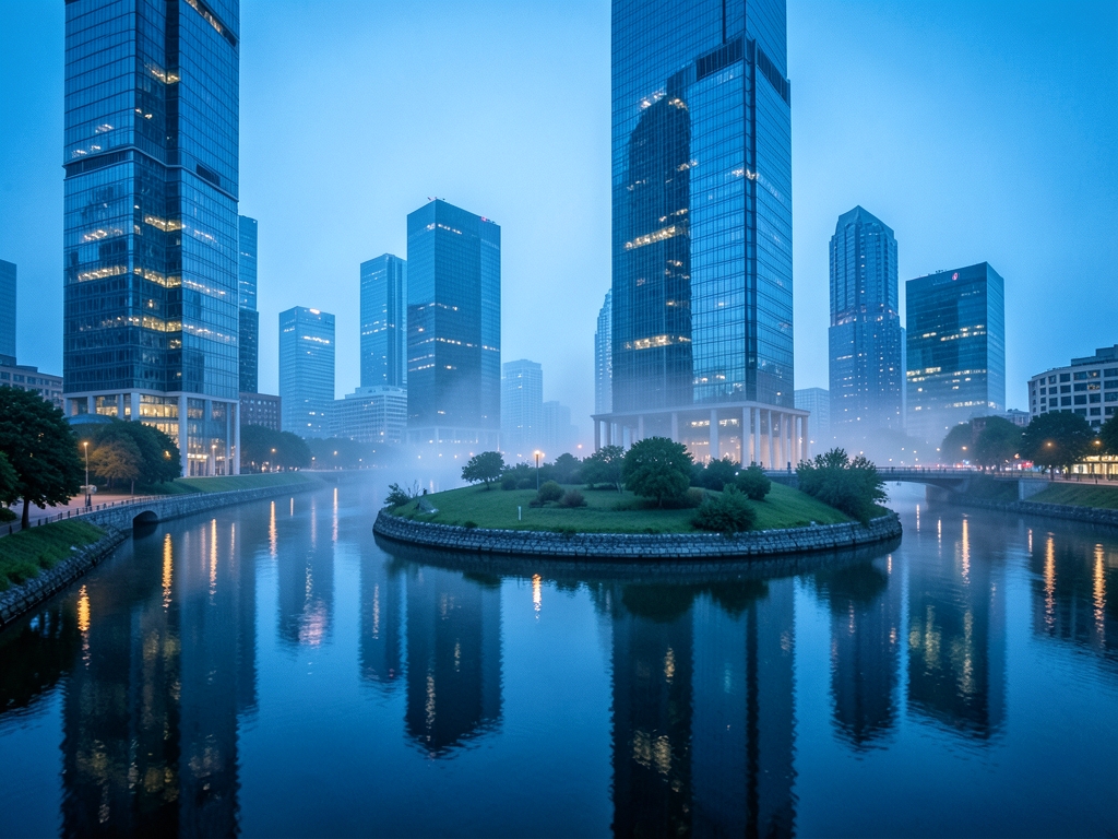 Glass skyscraper financial district blue dawn with calm
