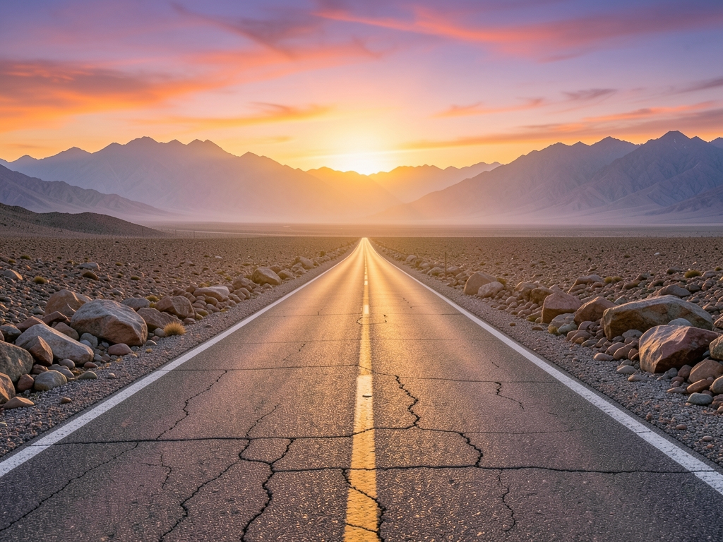 Long empty desert road forking toward distant mountains