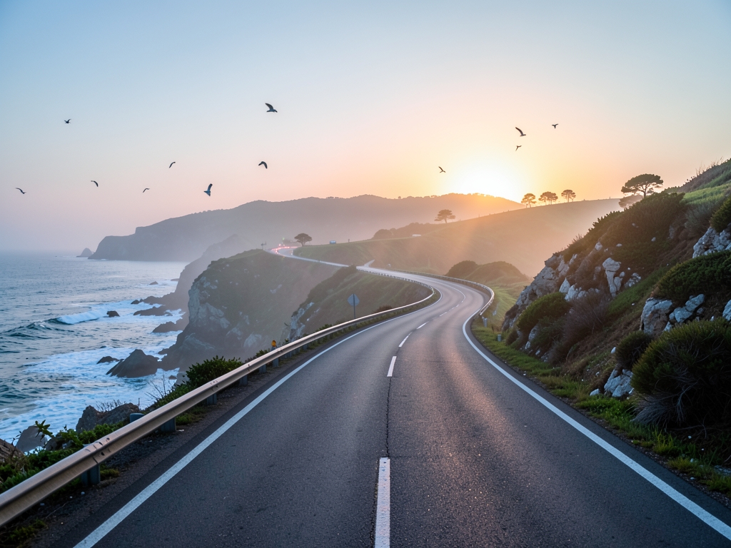 Misty coastal highway sunrise winding toward distant hills