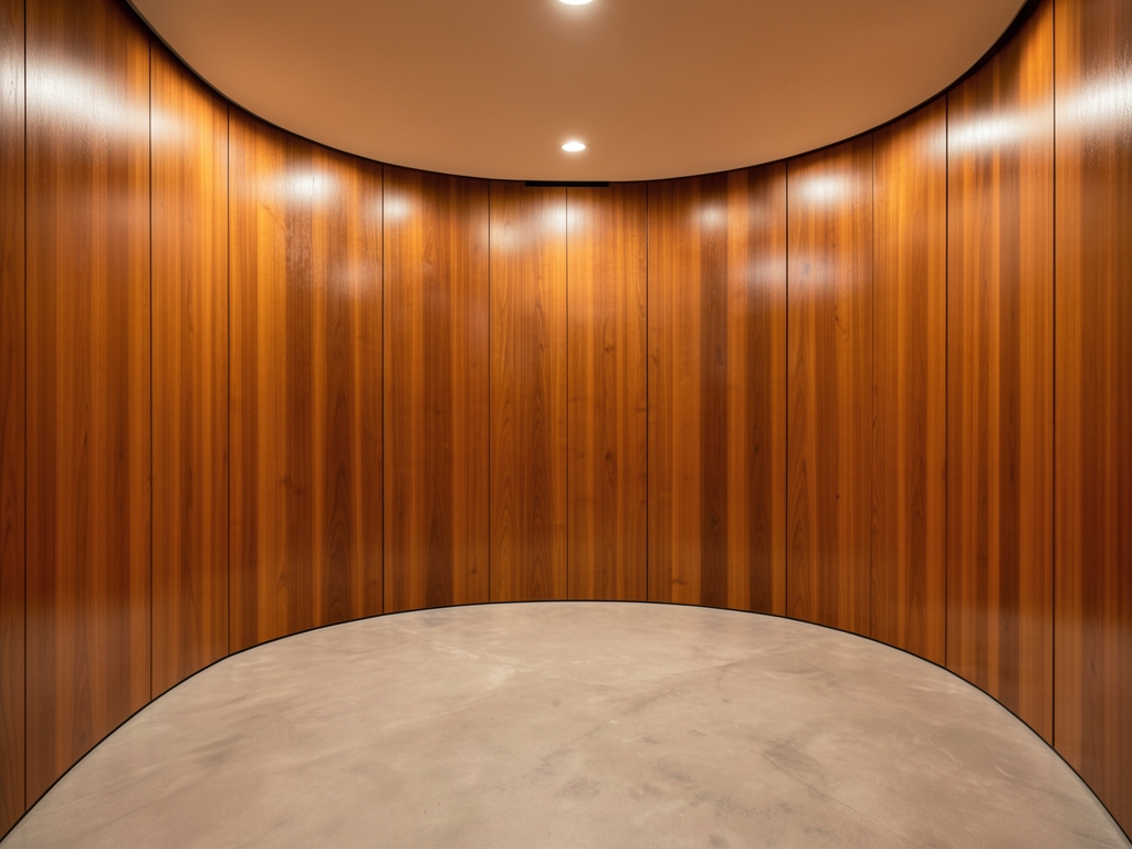 Quiet soundproof studio interior with curved wooden walls