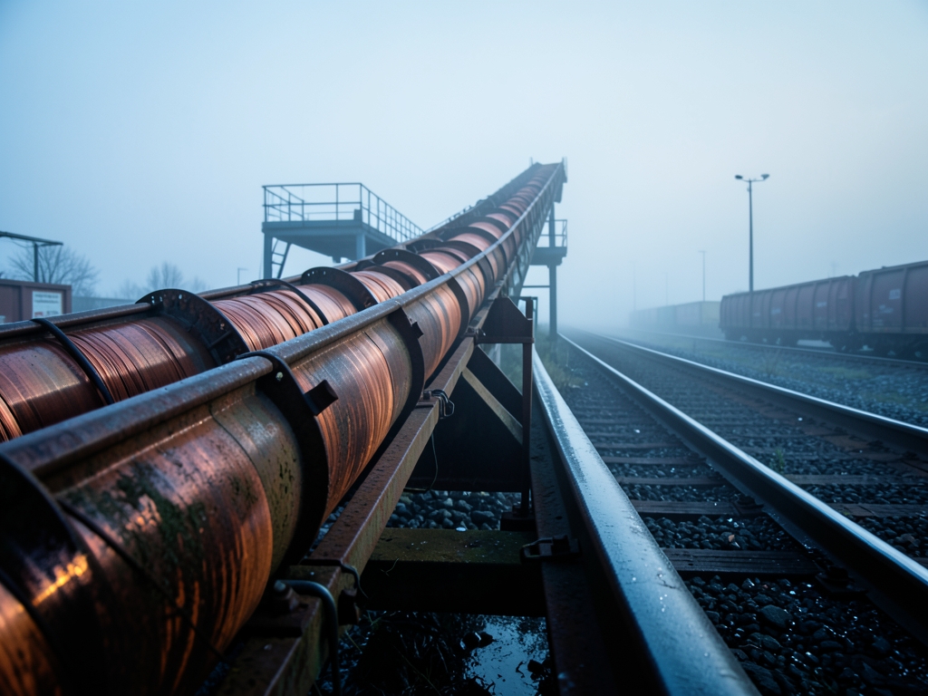 fog draped freight yard dawn with copper coils rusted