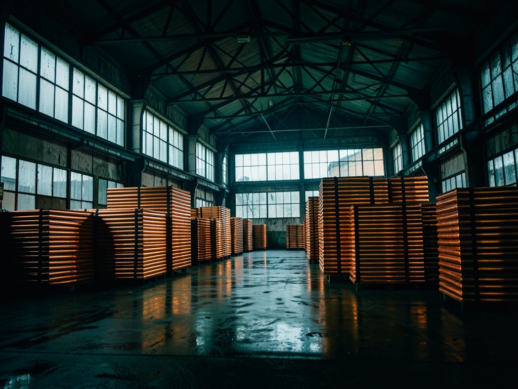 industrial warehouse stacked with copper cathodes under overcast