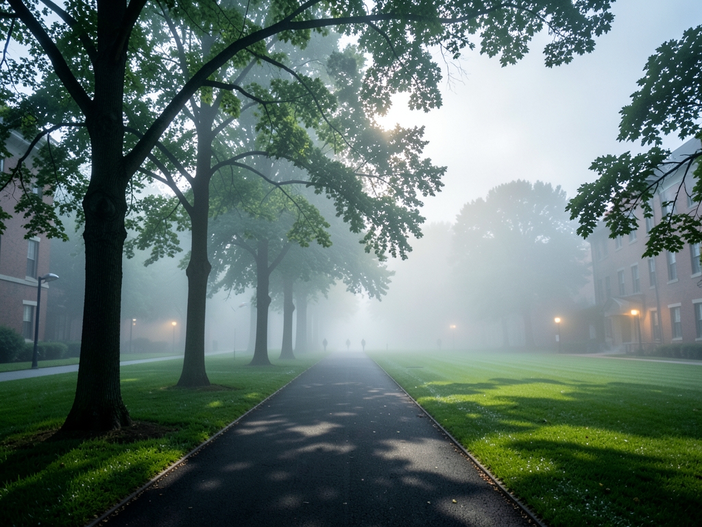 misty campus pathway dissolves into shadowed banks edge