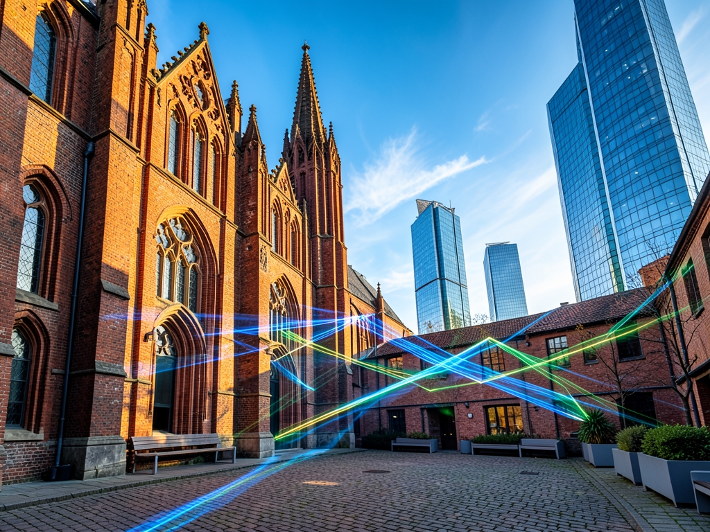 Sun drenched brick gothic towers merge seamlessly with sleek