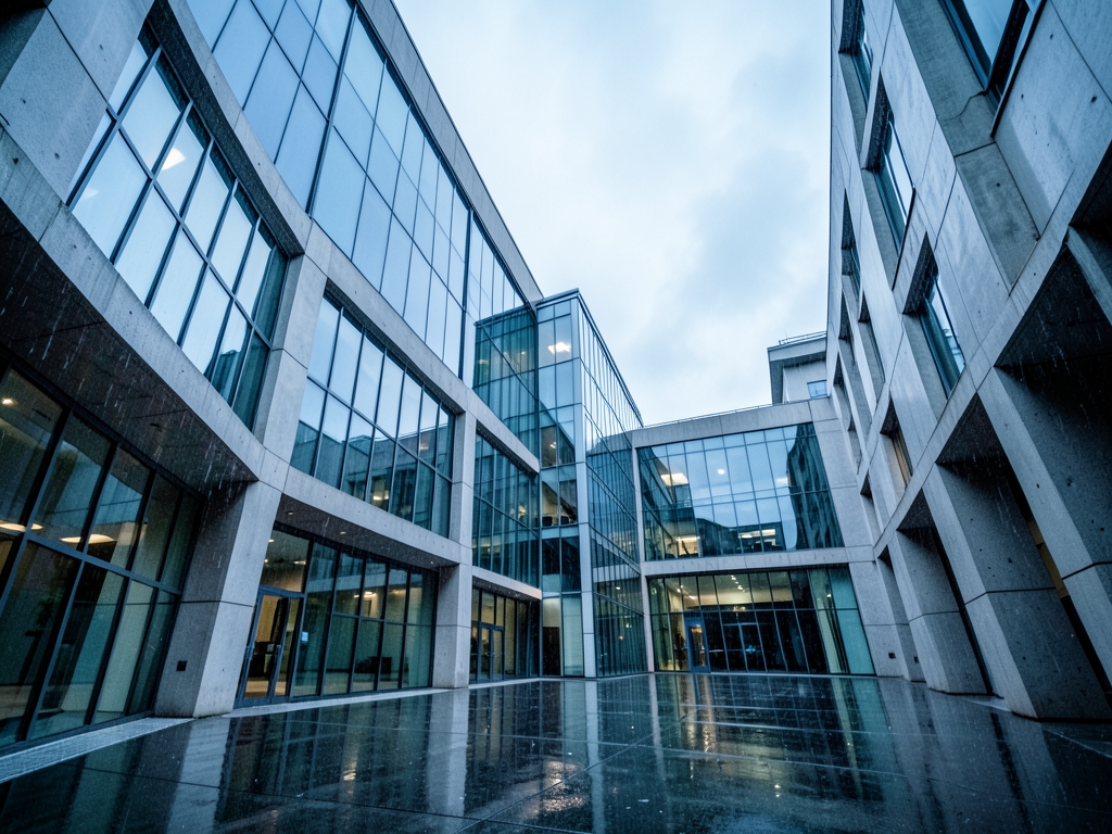 Empty modern corporate academy courtyard early morning glass