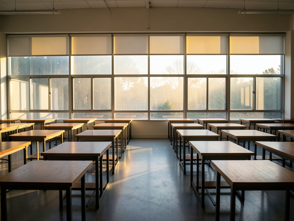 Long minimalist training hall interior with rows empty