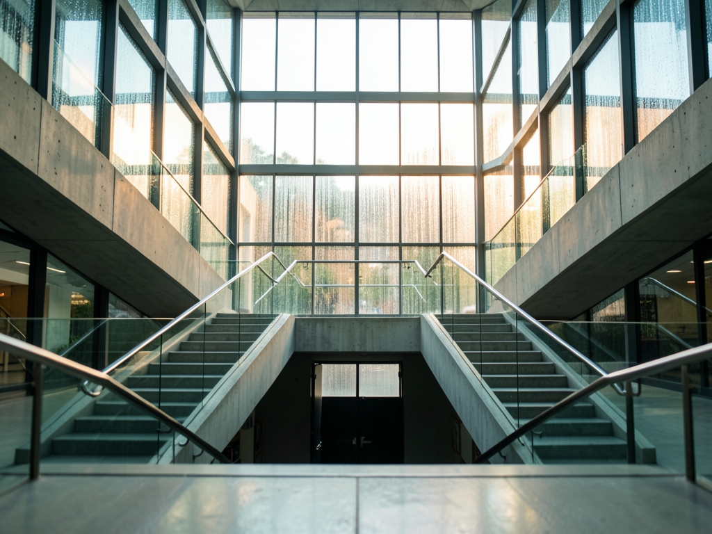 vast glass and concrete atrium flooded with diffused morning light