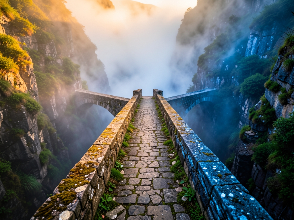 narrow stone bridge splitting into diverging paths over