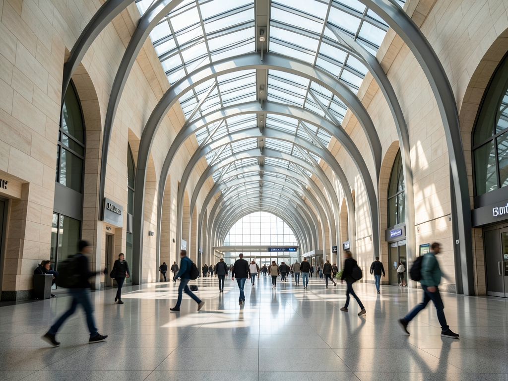 Vast modern transit hall pale stone steel arches