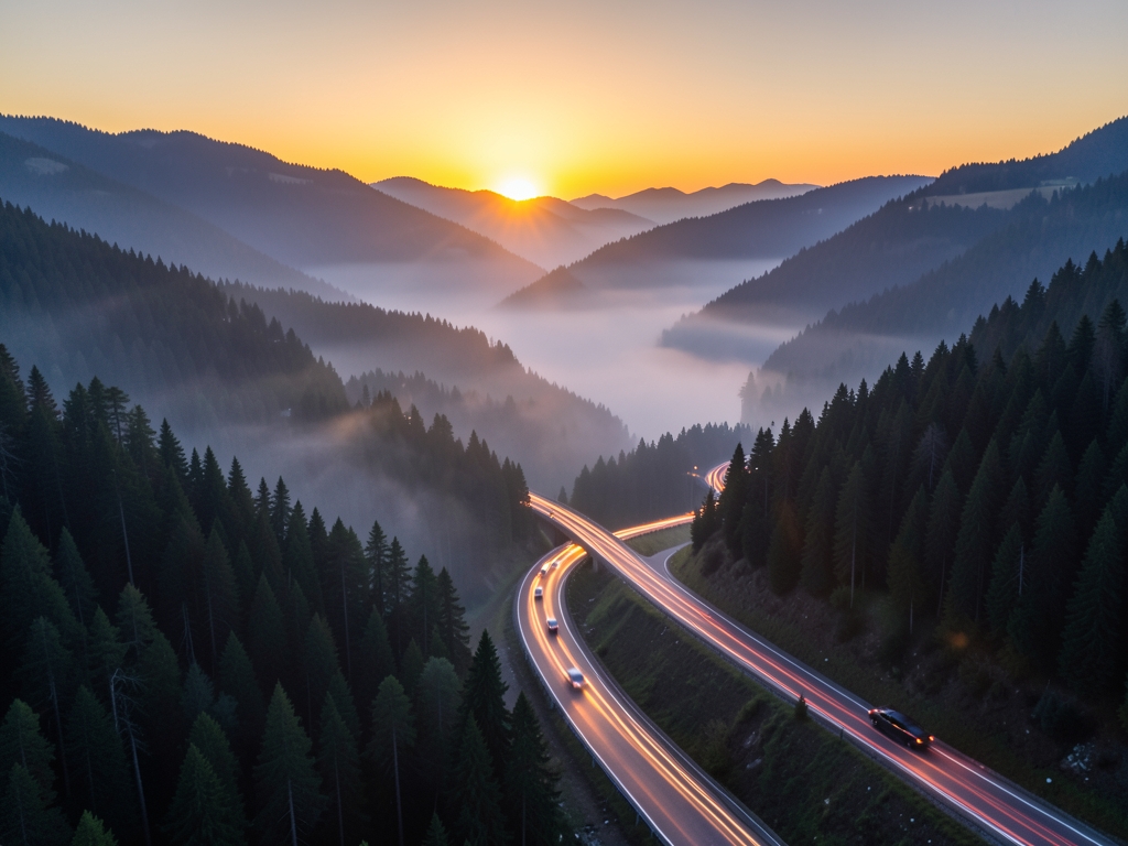 Aerial view winding mountain highway dawn thin drifting
